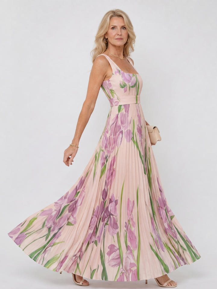 Audrey | Robe Midi Sans Manches en Satin avec Décolleté Carré et Plis Élégants
