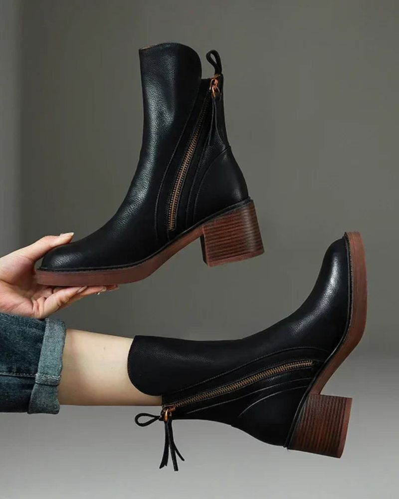 Valorine™ | Botte en cuir noire avec un talon confortable, élégante et intemporelle