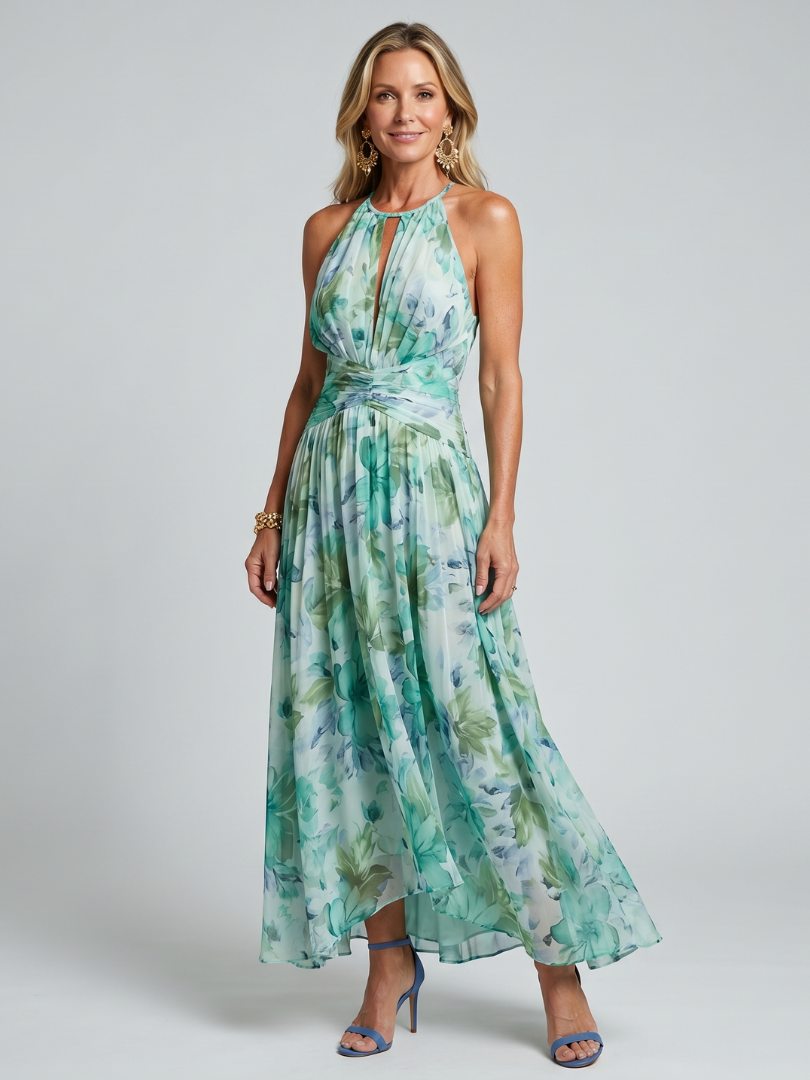 Lina | Robe Midi en Crêpe Plissé avec Col Halter et Imprimé Floral