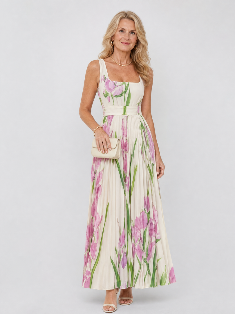 Audrey | Robe Midi Sans Manches en Satin avec Décolleté Carré et Plis Élégants