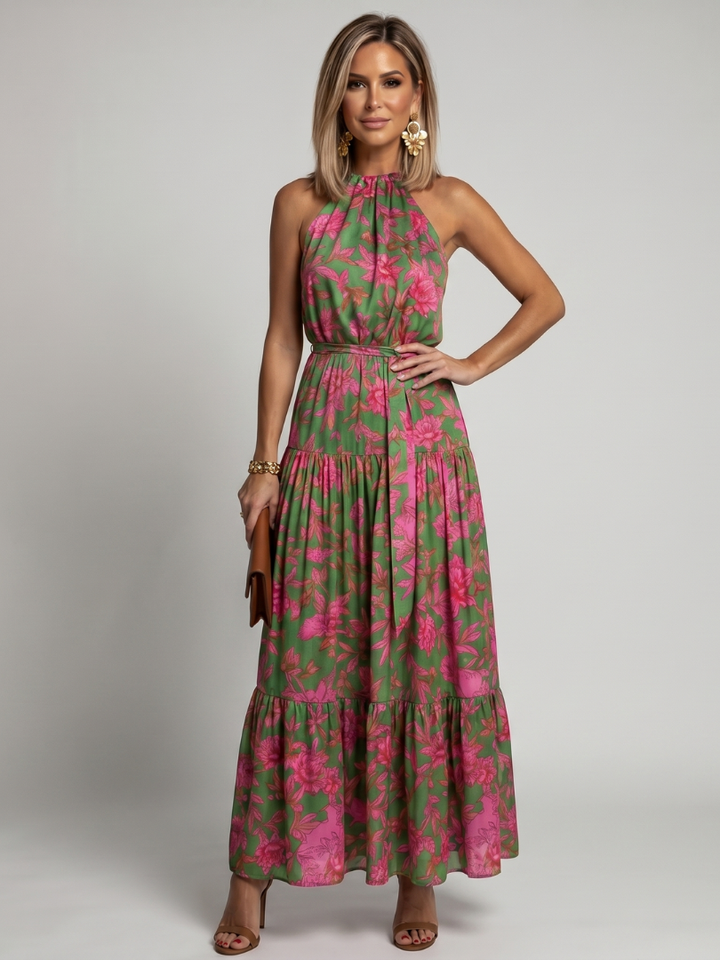 Rose | Robe Midi Drapée en Rose Avec Décolleté Halter Elégant