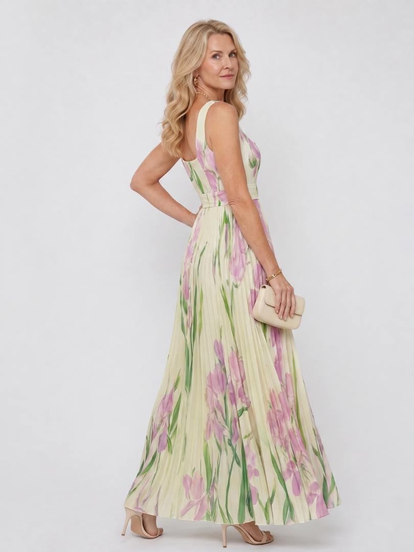 Audrey | Robe Midi Sans Manches en Satin avec Décolleté Carré et Plis Élégants