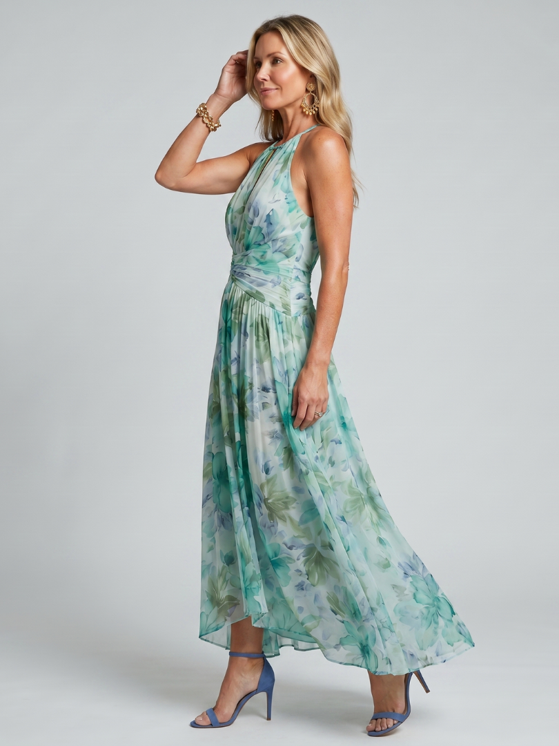 Lina | Robe Midi en Crêpe Plissé avec Col Halter et Imprimé Floral
