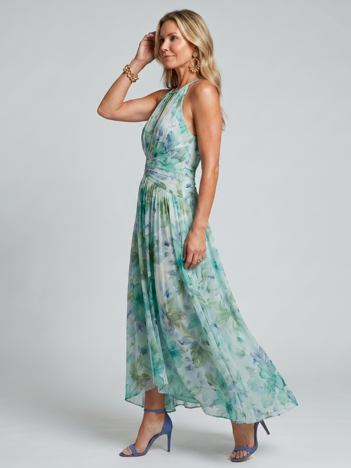 Lina | Robe Midi en Crêpe Plissé avec Col Halter et Imprimé Floral