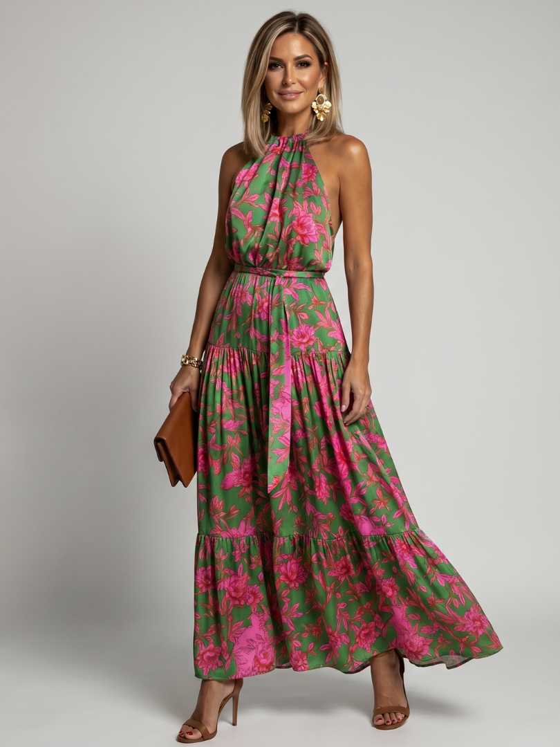 Rose | Robe Midi Drapée en Rose Avec Décolleté Halter Elégant