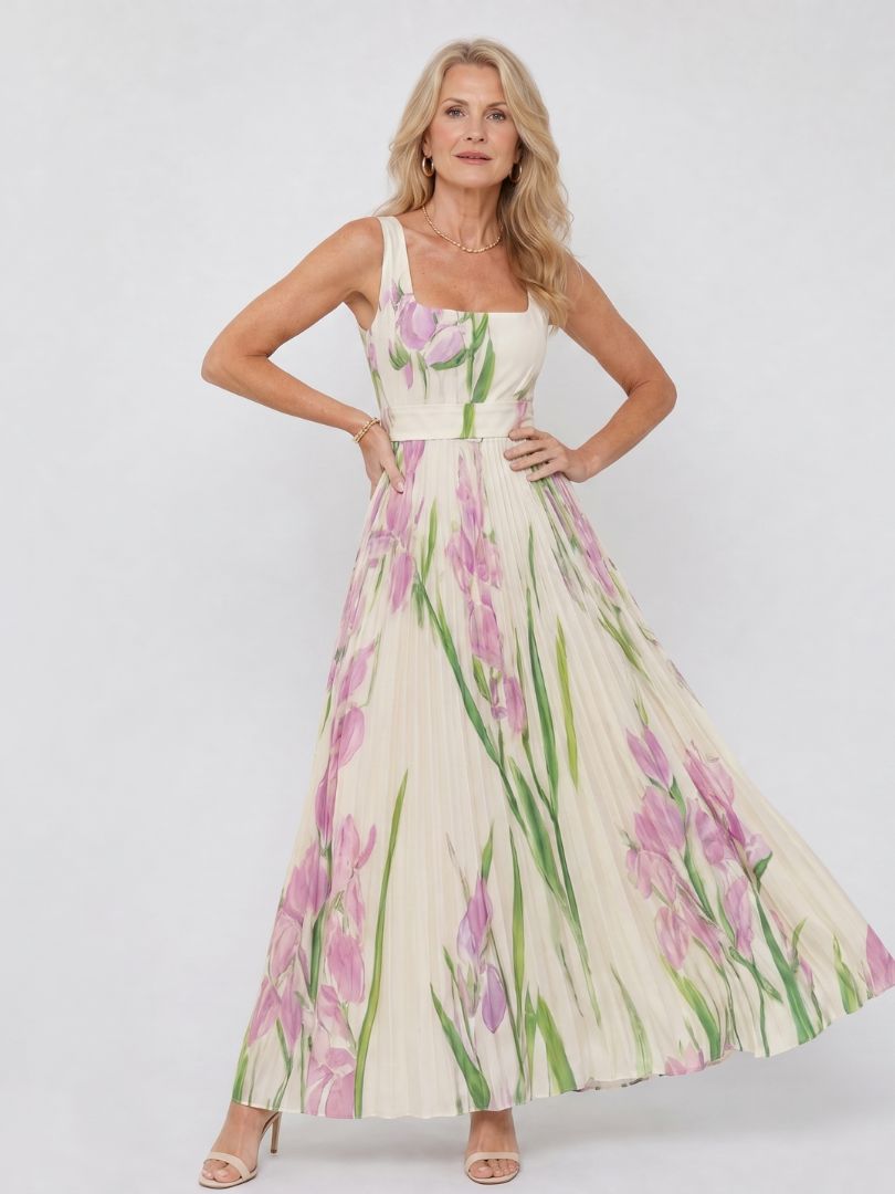 Audrey | Robe Midi Sans Manches en Satin avec Décolleté Carré et Plis Élégants