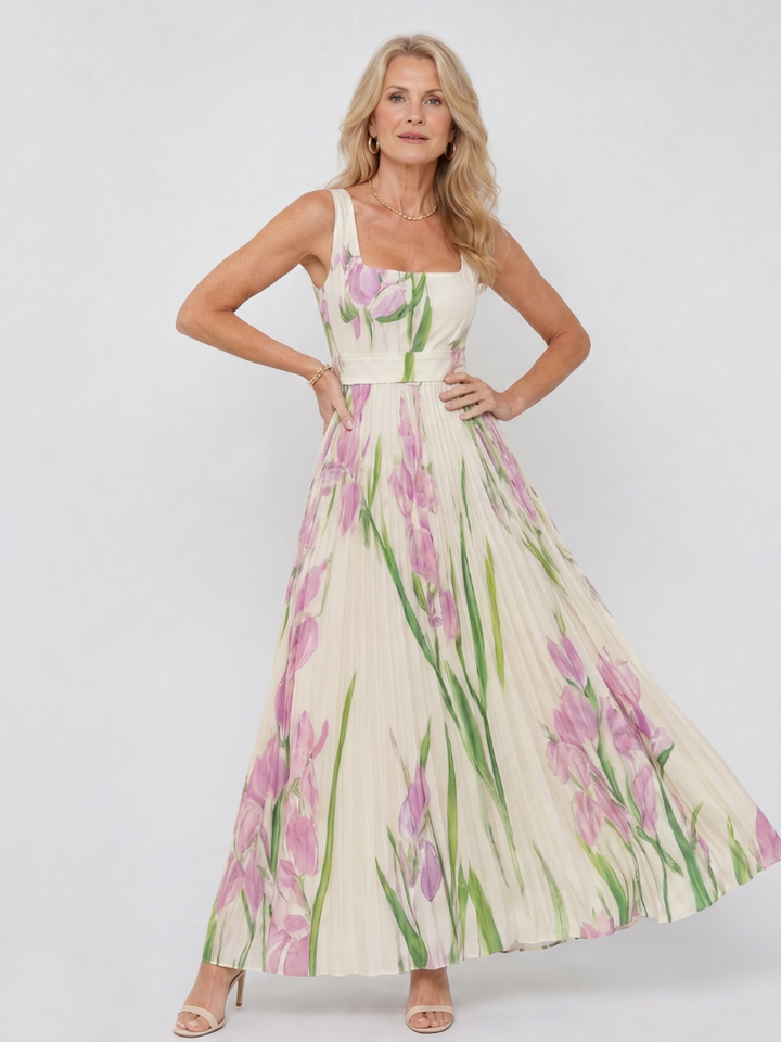 Audrey | Robe Midi Sans Manches en Satin avec Décolleté Carré et Plis Élégants