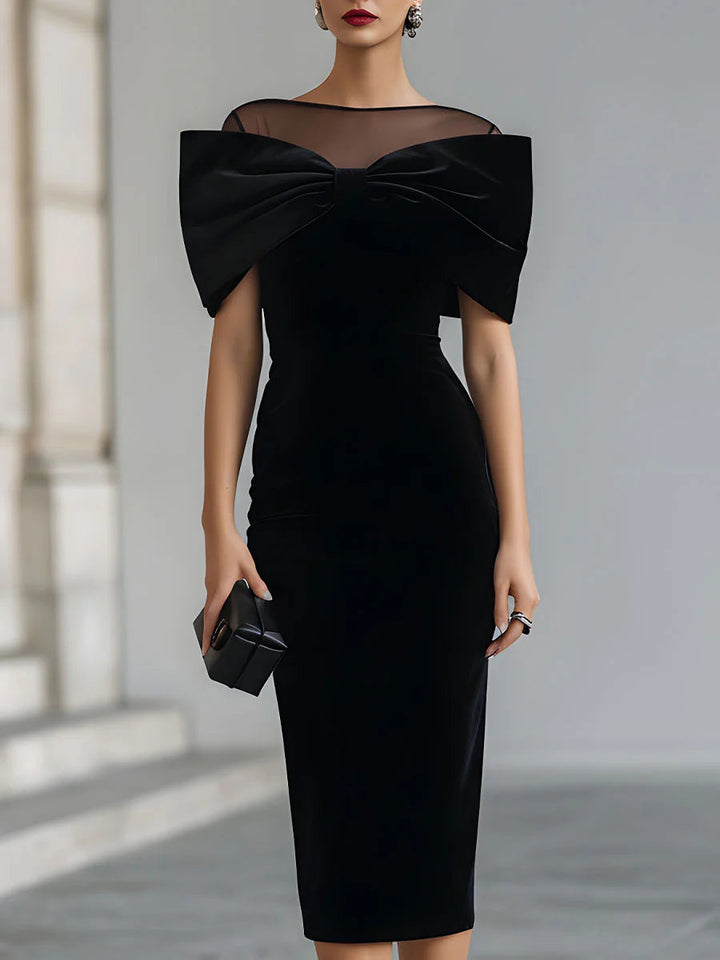 Cătălina | Robe Midi en Velours Noir Dramatique avec Nœud