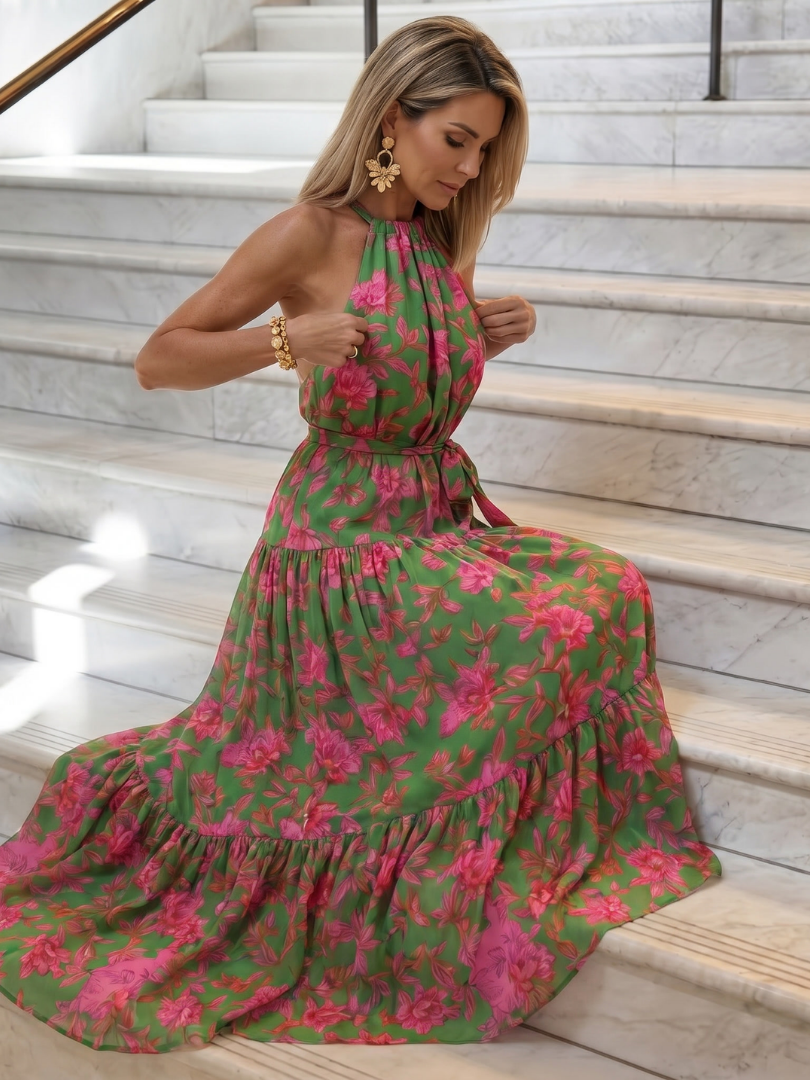 Rose | Robe Midi Drapée en Rose Avec Décolleté Halter Elégant