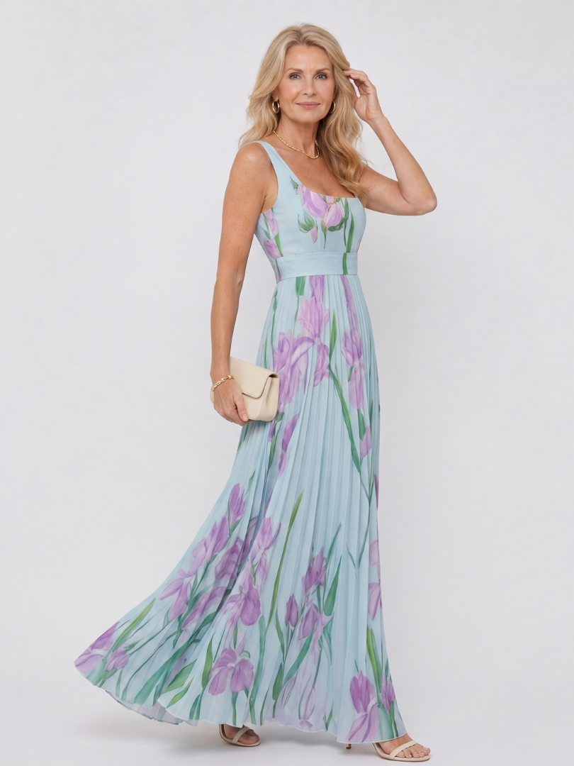 Audrey | Robe Midi Sans Manches en Satin avec Décolleté Carré et Plis Élégants
