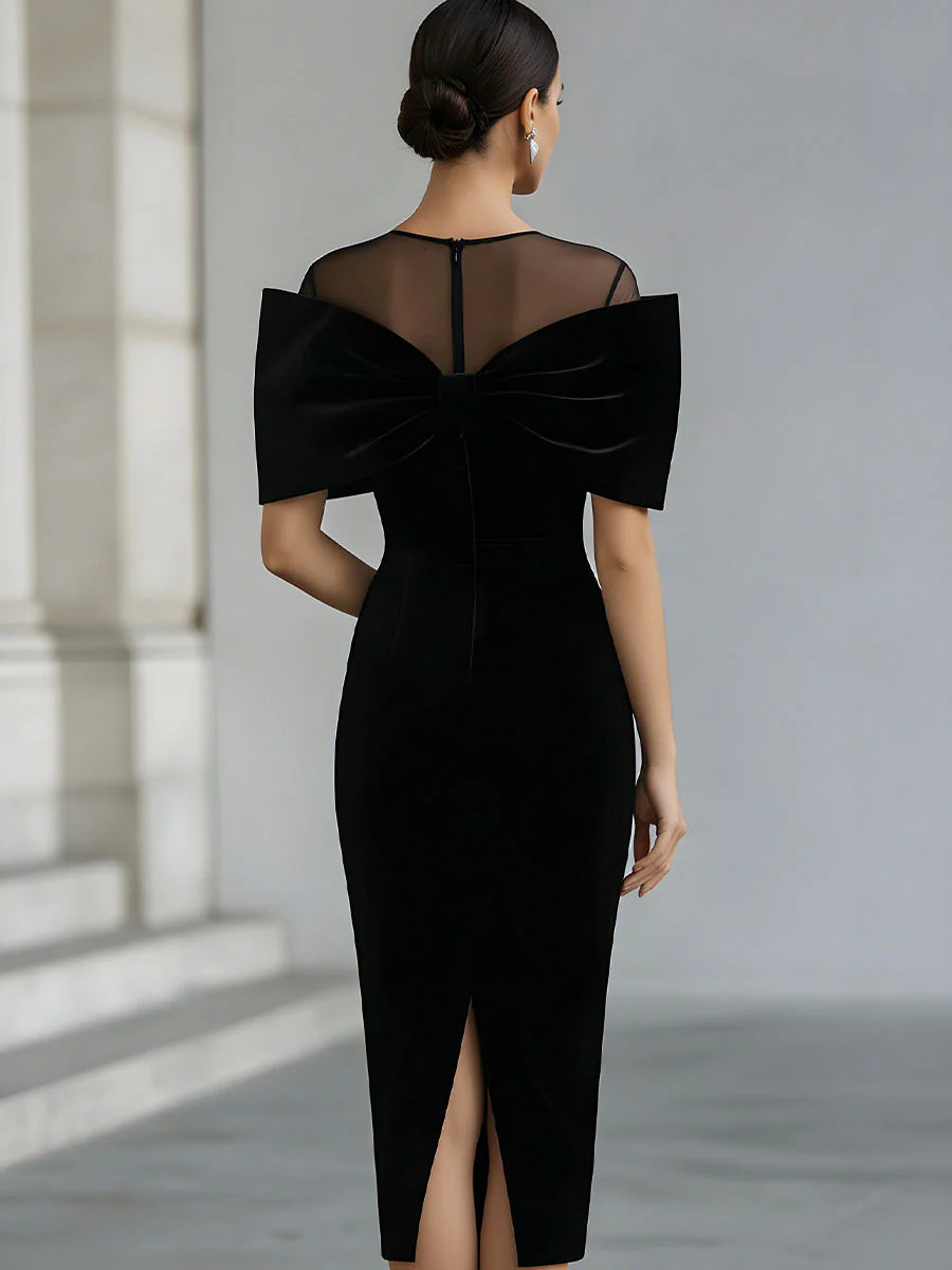 Cătălina | Robe Midi en Velours Noir Dramatique avec Nœud
