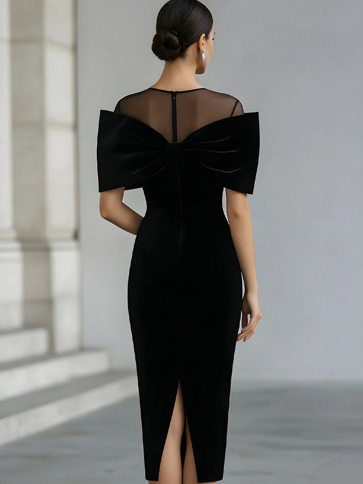 Cătălina | Robe Midi en Velours Noir Dramatique avec Nœud