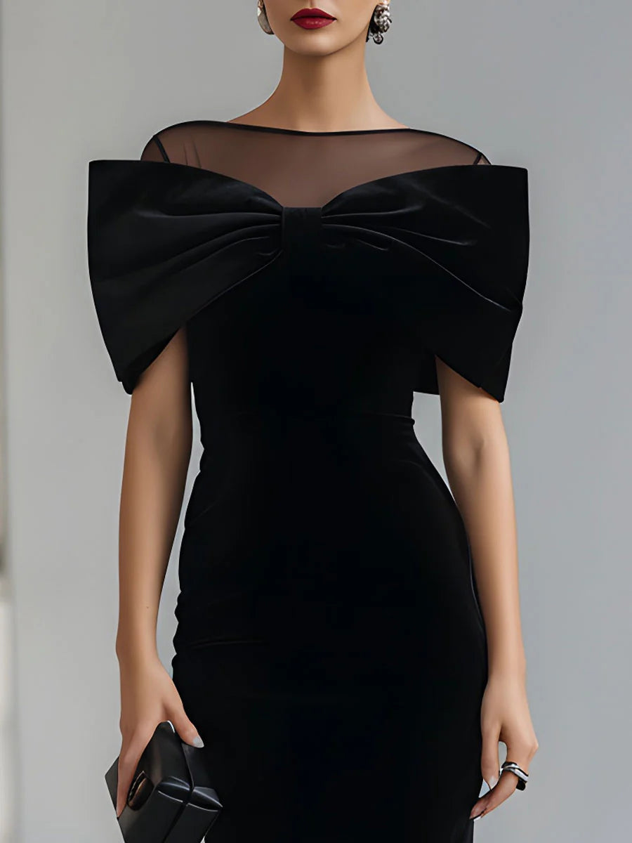 Cătălina | Robe Midi en Velours Noir Dramatique avec Nœud