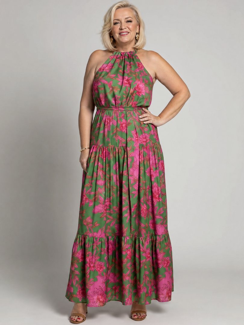 Rose | Robe Midi Drapée en Rose Avec Décolleté Halter Elégant