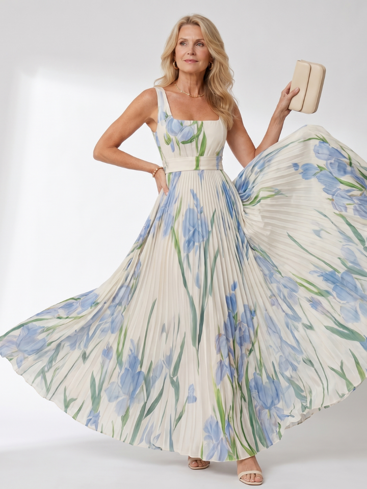 Audrey | Robe Midi Sans Manches en Satin avec Décolleté Carré et Plis Élégants