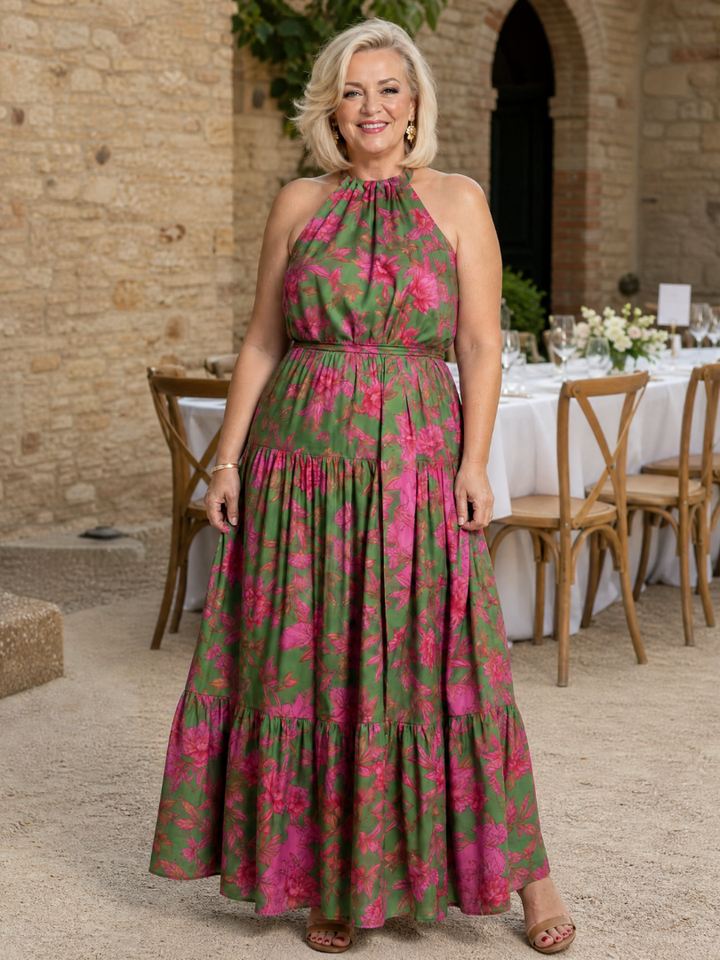 Rose | Robe Midi Drapée en Rose Avec Décolleté Halter Elégant