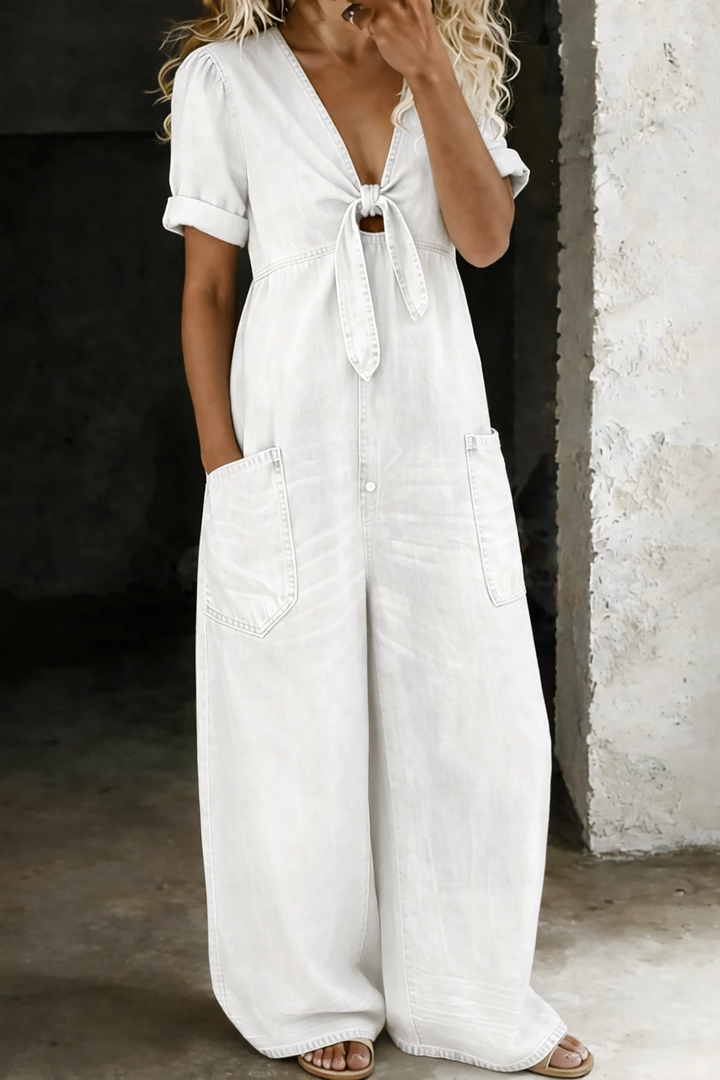 Rena | Combinaison denim Fluide Col V Jambe Large