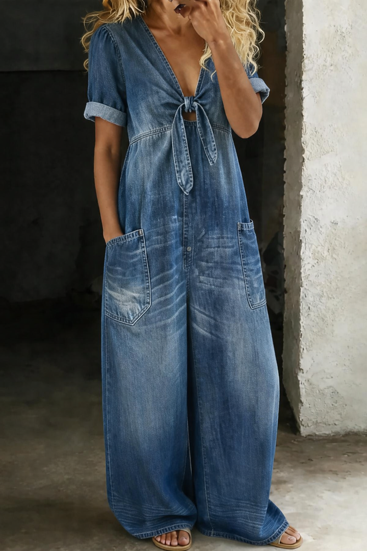 Rena | Combinaison denim Fluide Col V Jambe Large
