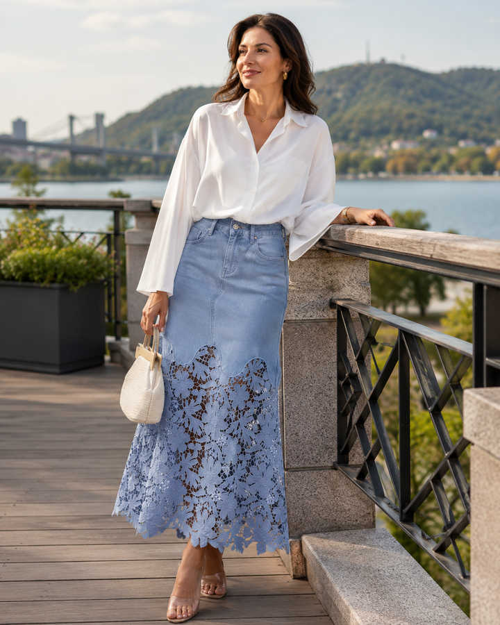 Emely | Jupe Longue en Denim Avec Bord en Dentelle Florale