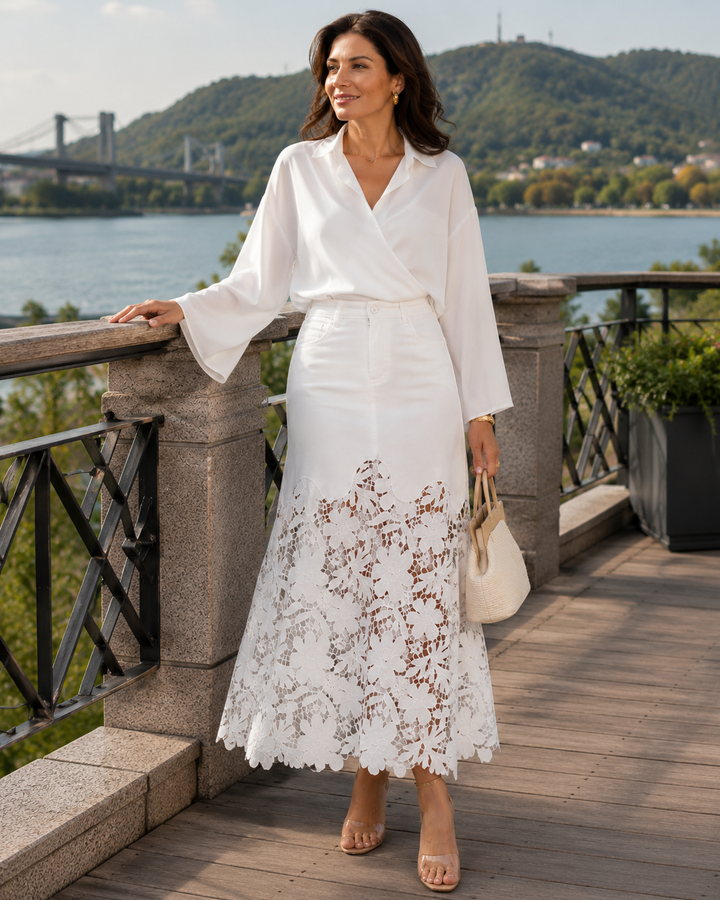 Emely | Jupe Longue en Denim Avec Bord en Dentelle Florale