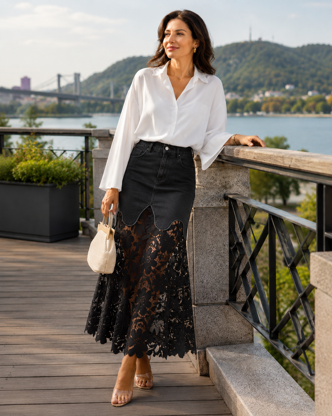 Emely | Jupe Longue en Denim Avec Bord en Dentelle Florale