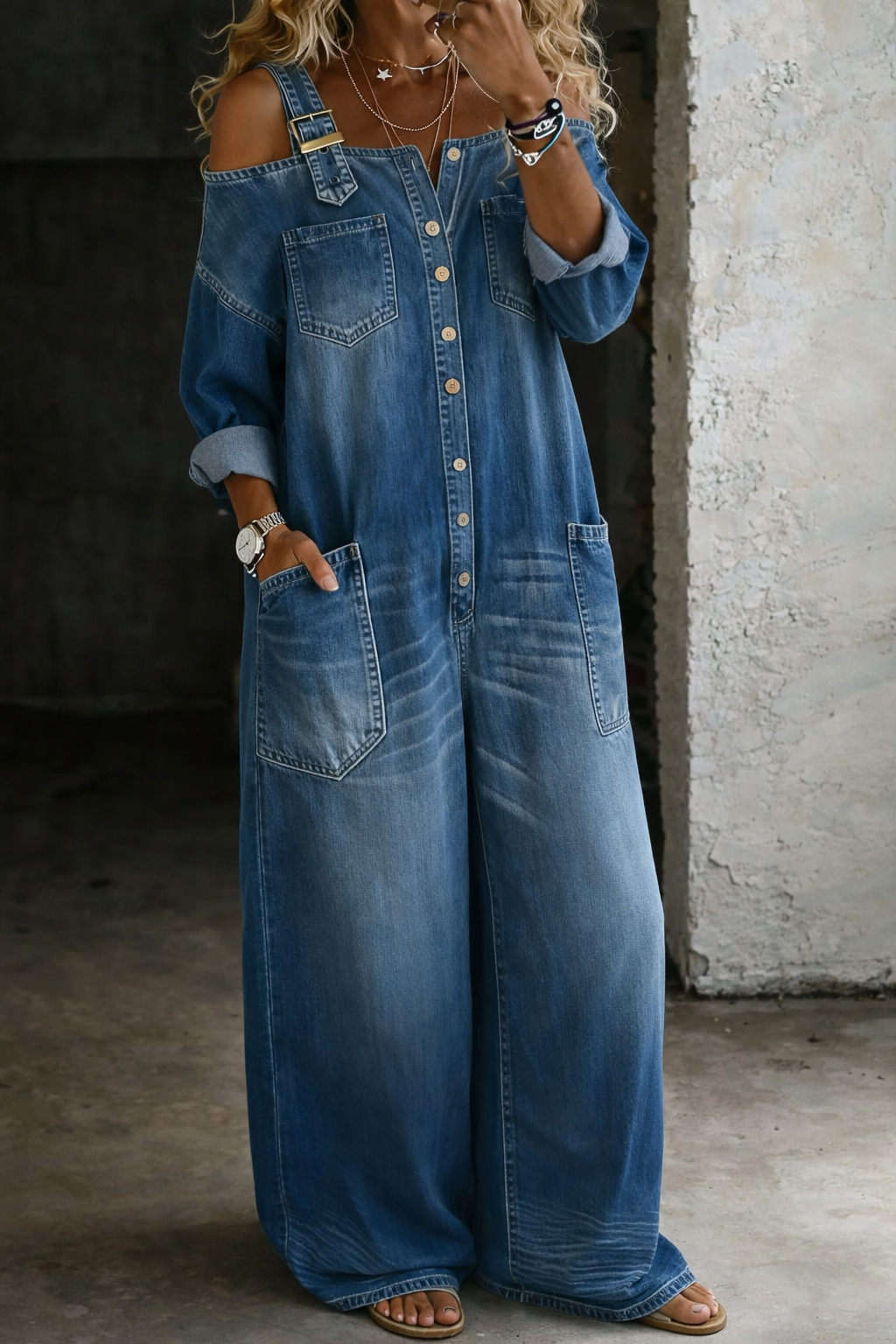 Florence | Combinaison en Denim avec Épaules Dégagées