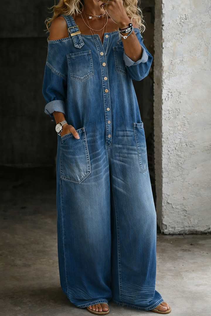 Florence | Combinaison en Denim avec Épaules Dégagées