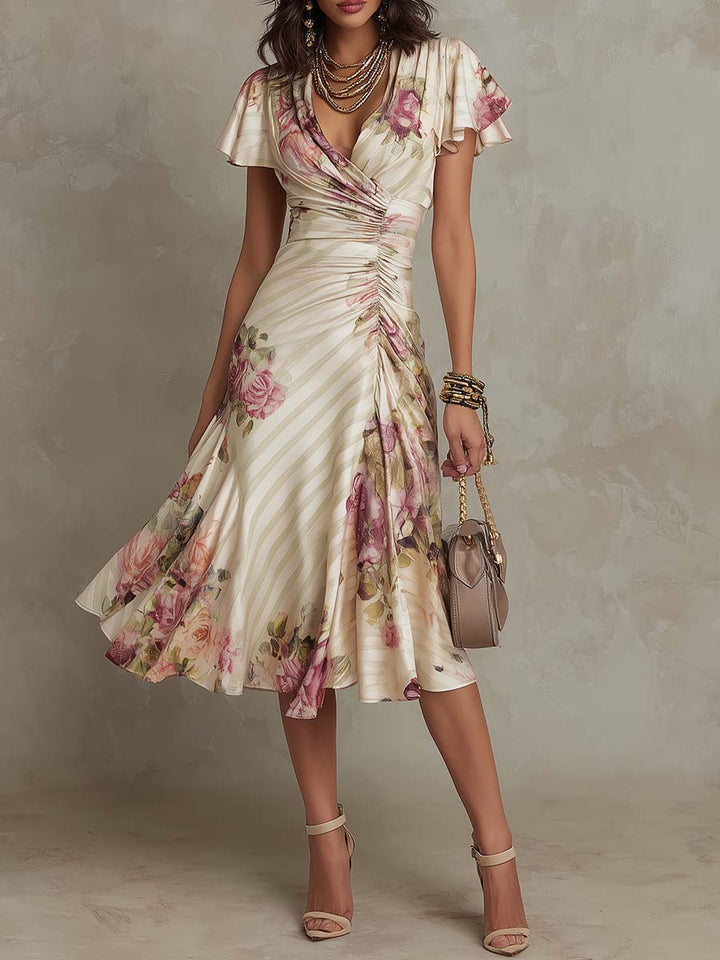 Margareta | Robe Midi en Satin Floral Vintage