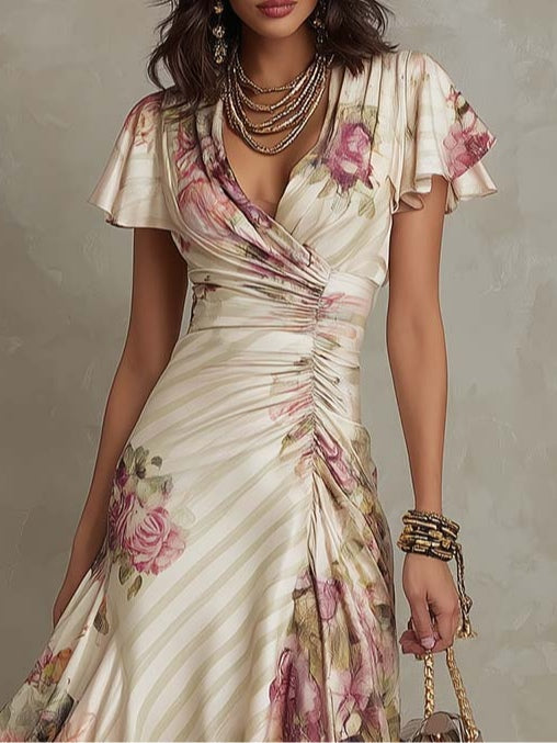 Margareta | Robe Midi en Satin Floral Vintage