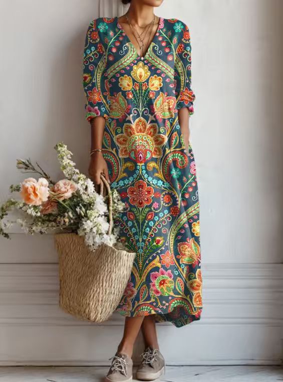 Greta | Robe Midi En Lin Floral Ancien