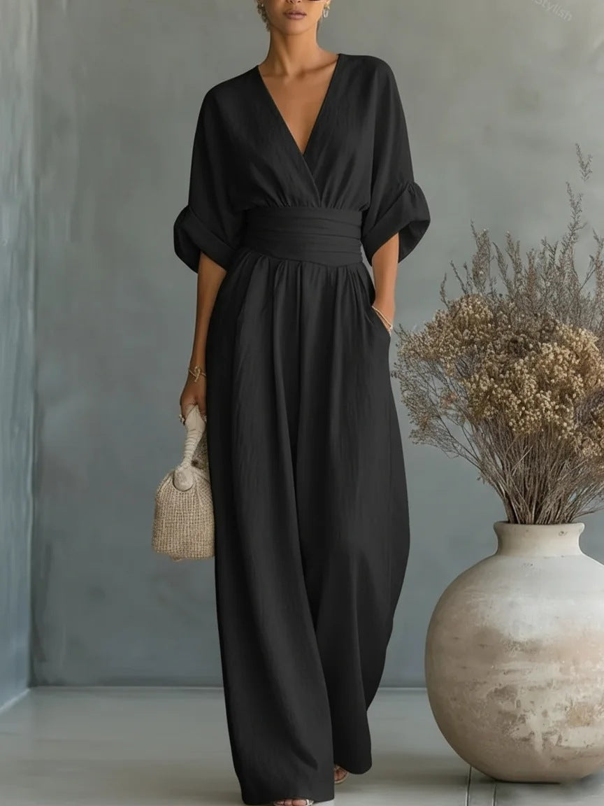 Ruth | Robe Élégante en V, Dos Nu et Manches Fluides