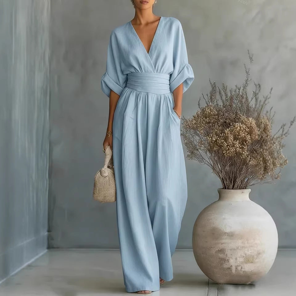 Ruth | Robe Élégante en V, Dos Nu et Manches Fluides