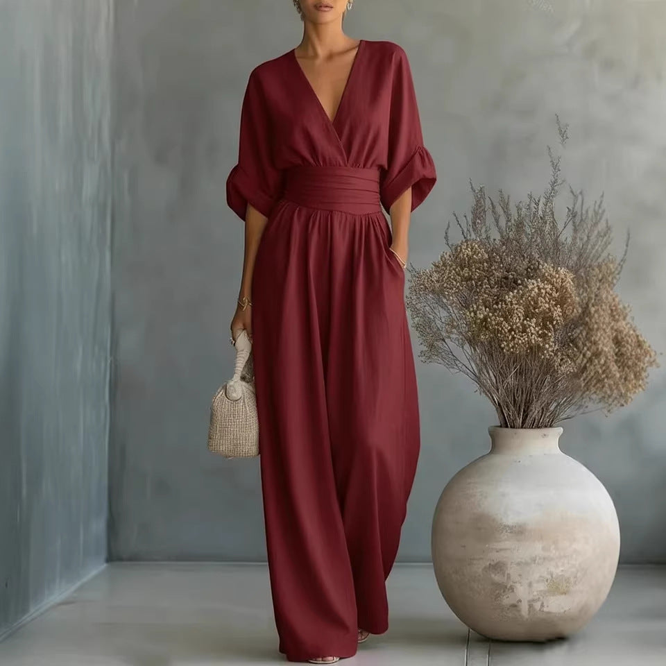 Ruth | Robe Élégante en V, Dos Nu et Manches Fluides