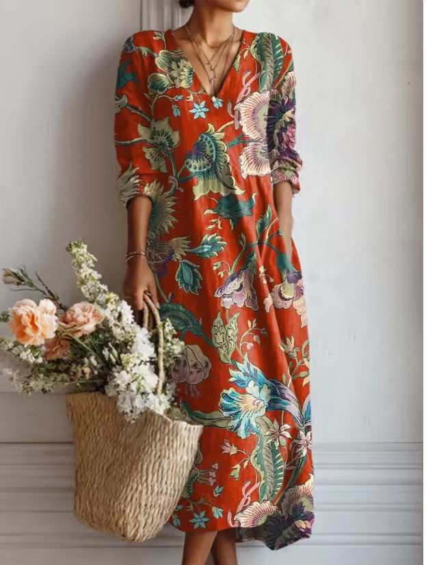 Greta | Robe Midi En Lin Floral Ancien