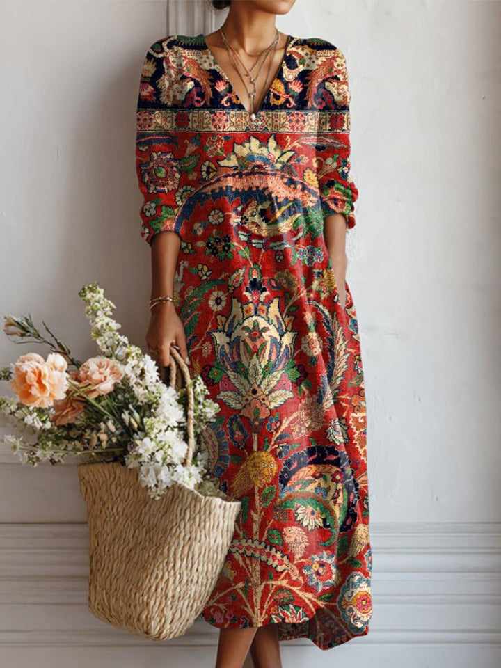 Greta | Robe Midi En Lin Floral Ancien