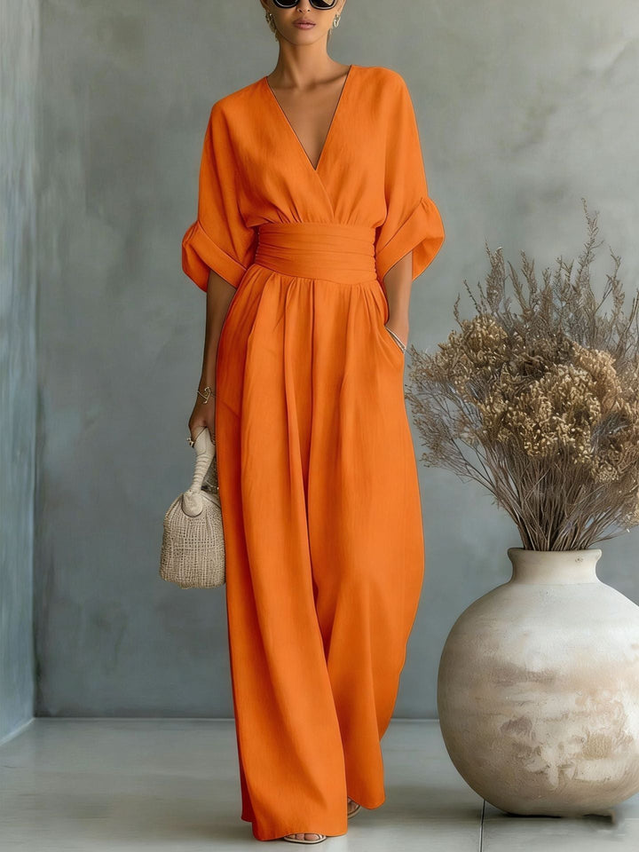 Ruth | Robe Élégante en V, Dos Nu et Manches Fluides
