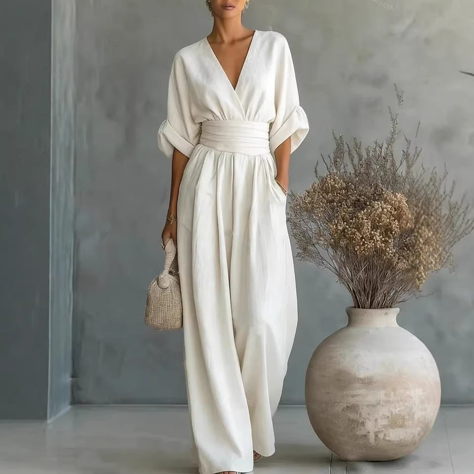 Ruth | Robe Élégante en V, Dos Nu et Manches Fluides