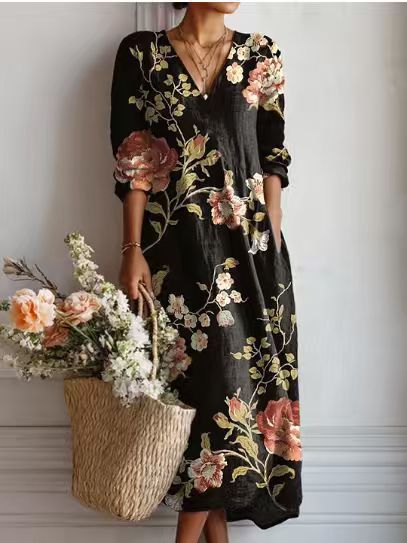 Greta | Robe Midi En Lin Floral Ancien