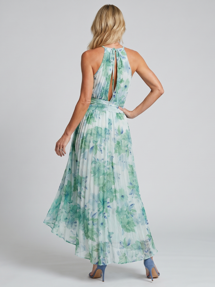 Lina | Robe Midi en Crêpe Plissé avec Col Halter et Imprimé Floral