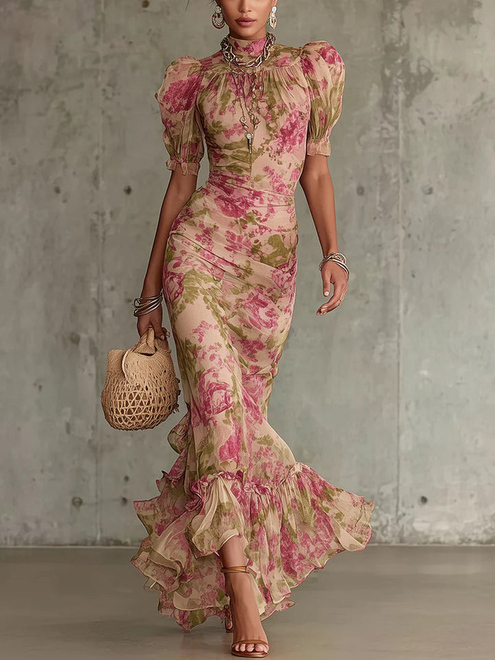 Mae | Robe Maxi à Manches Bouffantes et Imprimé Roses Vintage