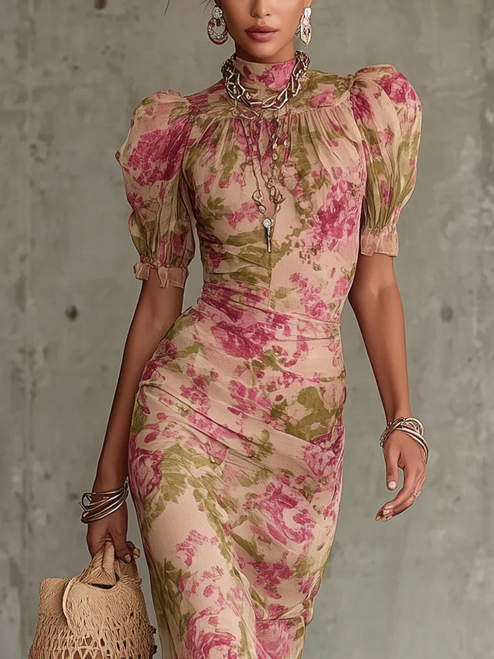 Mae | Robe Maxi à Manches Bouffantes et Imprimé Roses Vintage