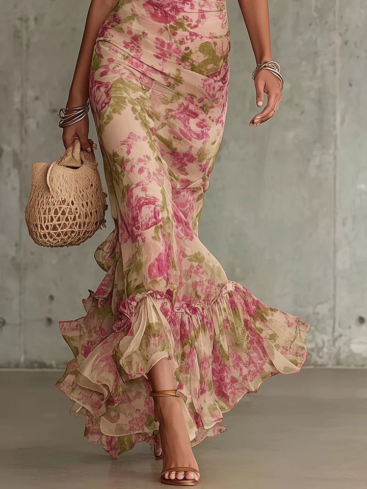 Mae | Robe Maxi à Manches Bouffantes et Imprimé Roses Vintage