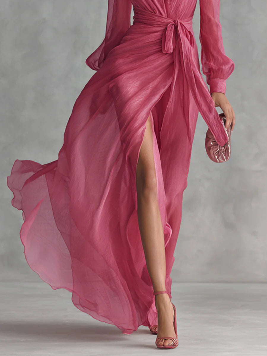 Bianca | Robe Longue Élégante en Chiffon avec Décolleté en V et Taille Ajustable