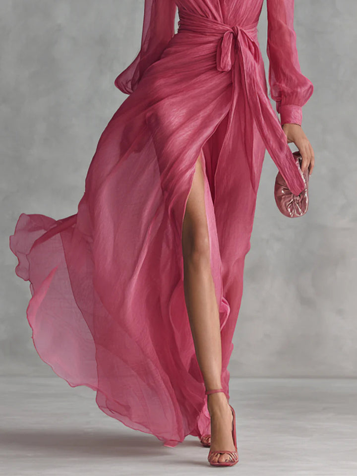 Bianca | Robe Longue Élégante en Chiffon avec Décolleté en V et Taille Ajustable