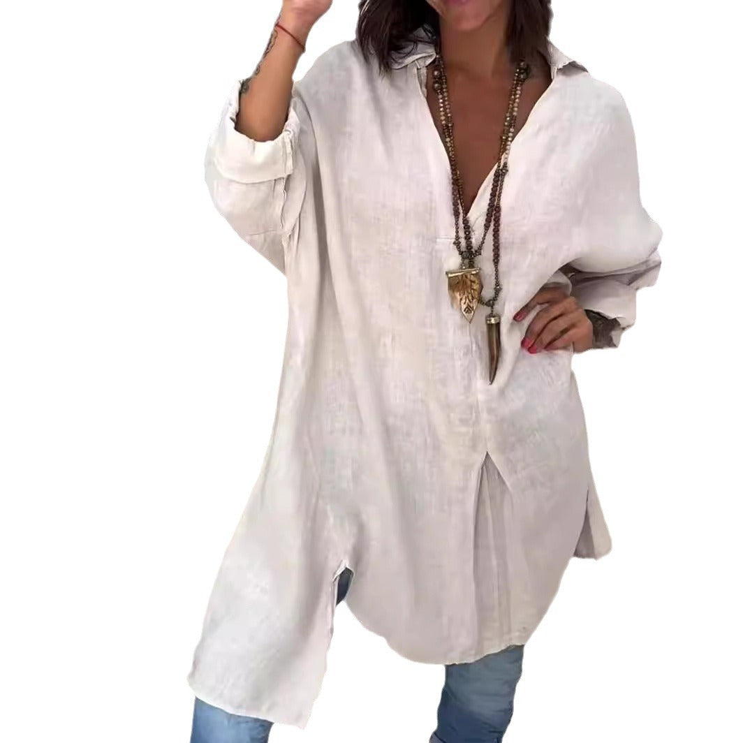 Melis - Chemise d'été en Coton et Lin avec Décolleté en V