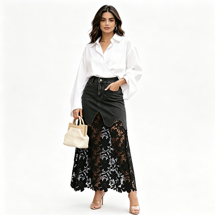 Emely | Jupe Longue en Denim Avec Bord en Dentelle Florale