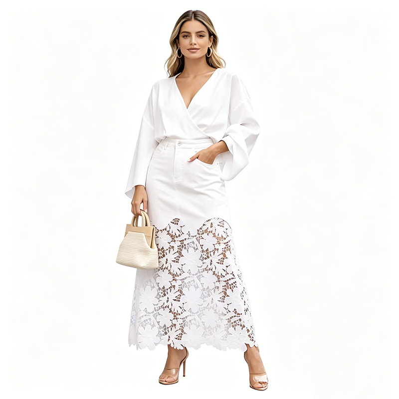 Emely | Jupe Longue en Denim Avec Bord en Dentelle Florale