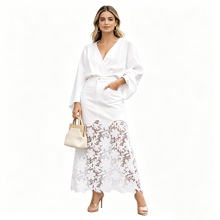 Emely | Jupe Longue en Denim Avec Bord en Dentelle Florale