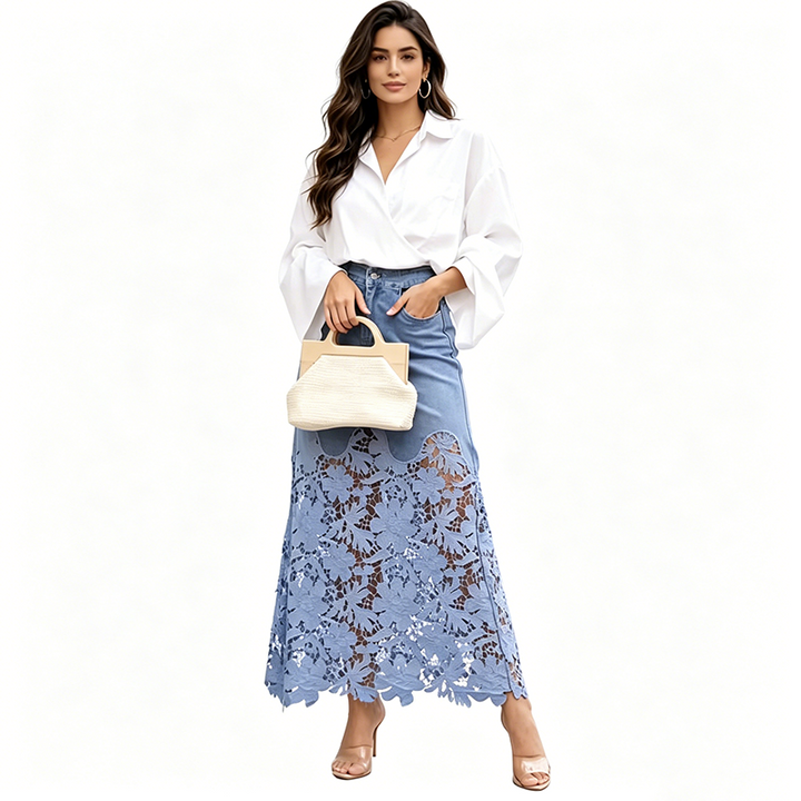 Emely | Jupe Longue en Denim Avec Bord en Dentelle Florale